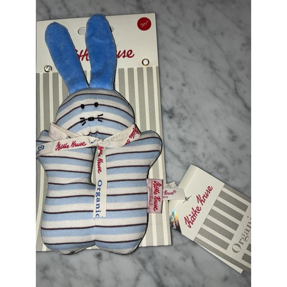 Kathe Kruse Baby Blue Striped Organic Cloth Bunny Ring Rattle
